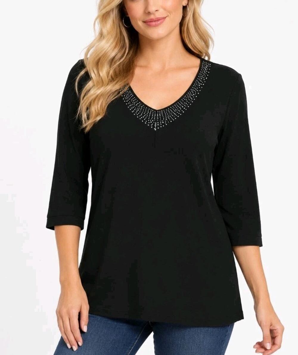 Chico's Rravelers~Woman Sz.3 (US XL)~ Black 3/4 Sleeve Top V-Neck Blouse Stretch